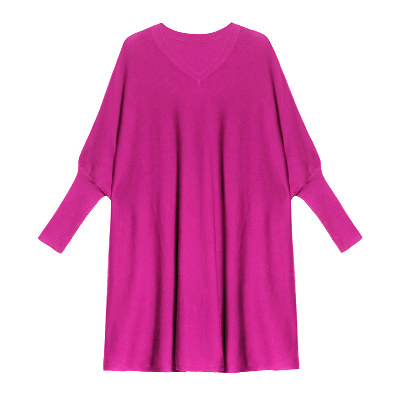 Europeo con cuello en V suéter de punto vestido para las mujeres primavera y otoño nueva suelta adelgazamiento Batwing manga color sólido bottoming superior venta al por mayor