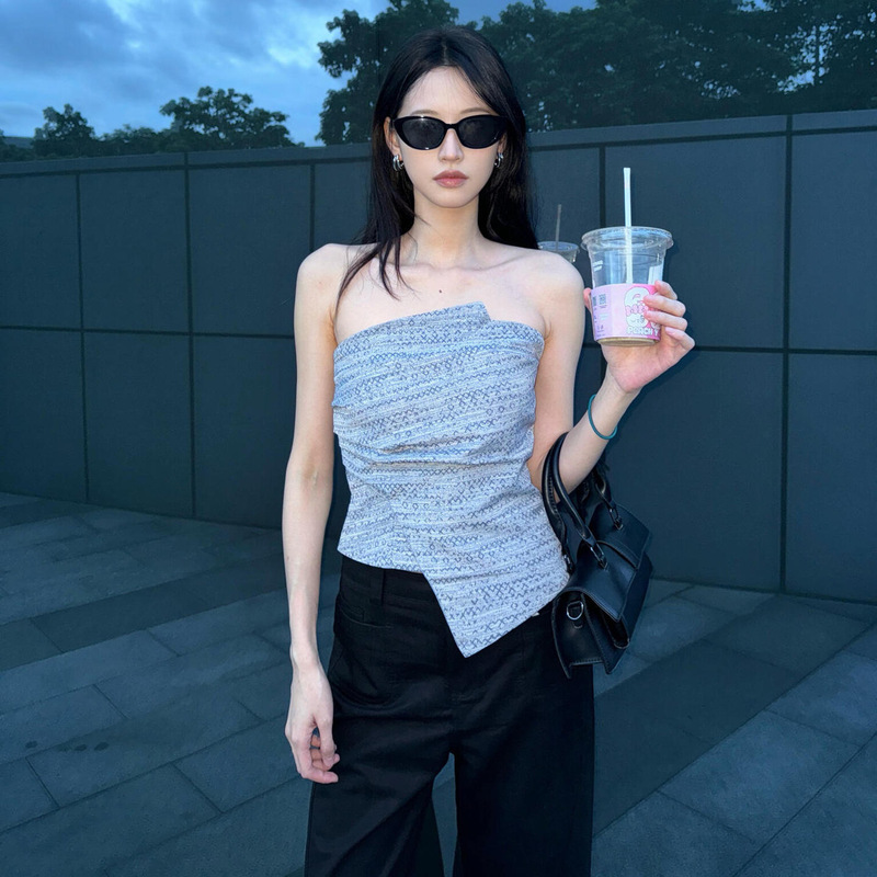 Retro Hot Girl Style Blue Irregular Tube Top Vest for Women, Summer Design, Slim Fit, Sleeveless Outerwear Top