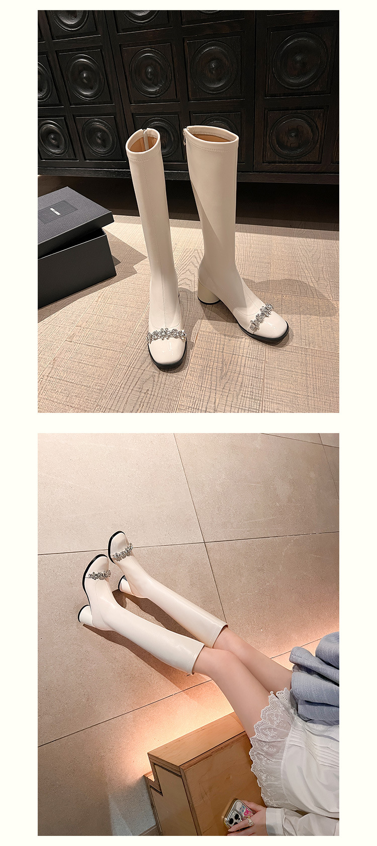Boot nữ cổ cao ôm bắp chân phong cách vải tuýt, gót thô 5 cm, đế dày, mũi tròn — nhung đen, Lớp lót đơn màu trắng nhạt, Lớp lót đơn màu đen, Lớp lót nhung màu trắng nhạt chi tiết 19