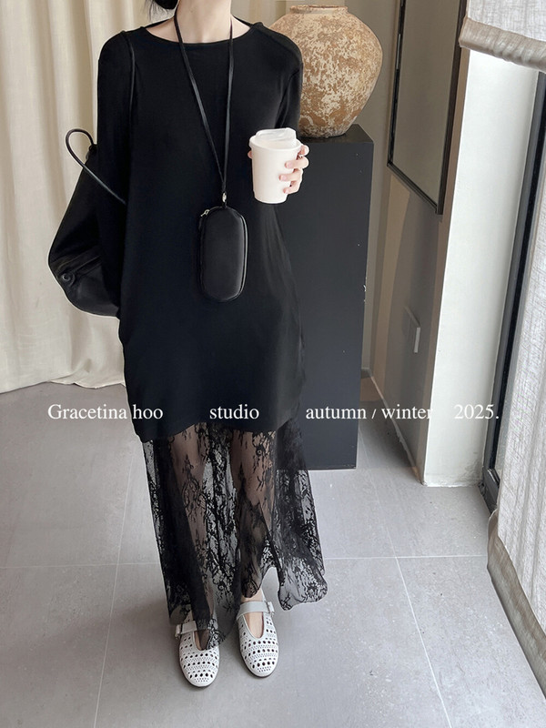 GRACETINAHOO法式后背系带荡领针织长袖T恤+蕾丝半身裙套装TZB765|undefined