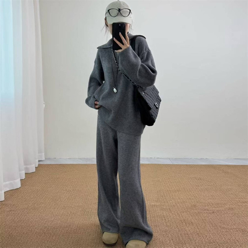 翻领半拉链套头毛衣女上衣秋冬新款高级感休闲针织阔腿裤两件套女|undefined