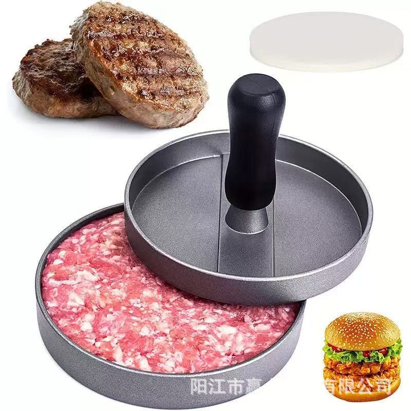 Prensador de carne de hamburguesas manual de aluminio antiadherente molde de prensa redondo para desayuno de carne de hamburguesas cocina transfronteriza