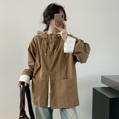 琪镌绘制早秋新款韩版机能风个性连帽风衣宽松显瘦长款外套上衣女