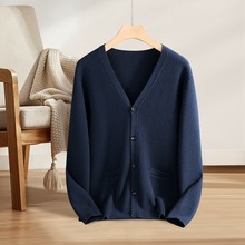 男士全羊绒十二针四平加厚系扣开衫带兜V领休闲长袖毛衣潮羊绒衫