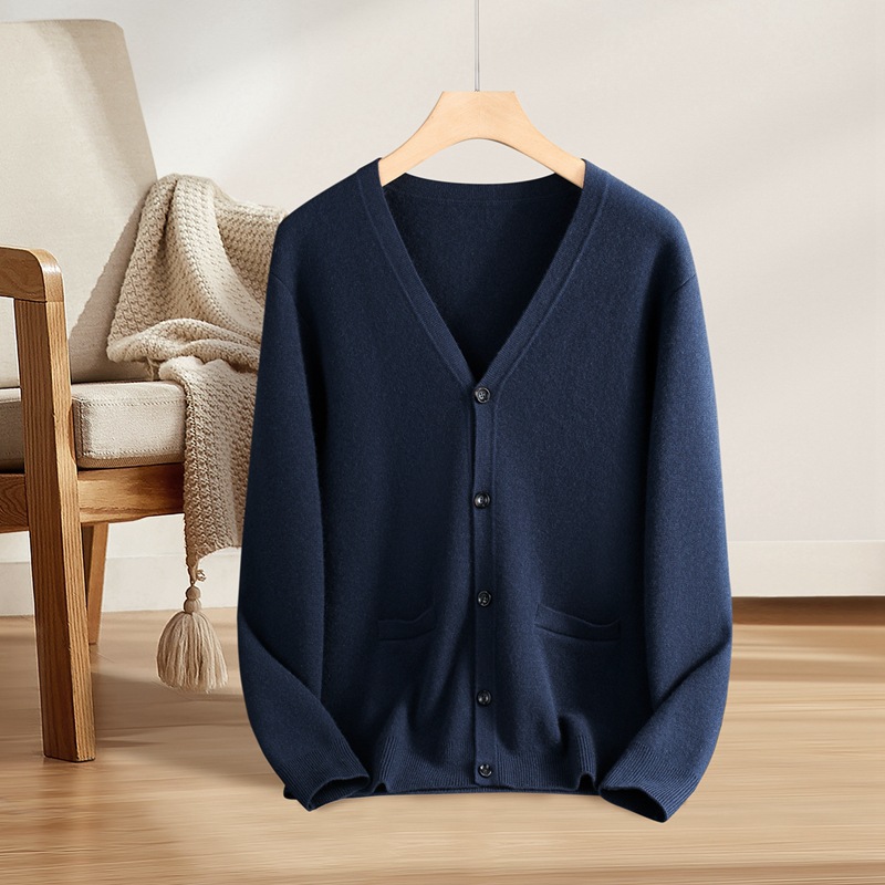 男士全羊绒十二针四平加厚系扣开衫带兜V领休闲长袖毛衣潮羊绒衫