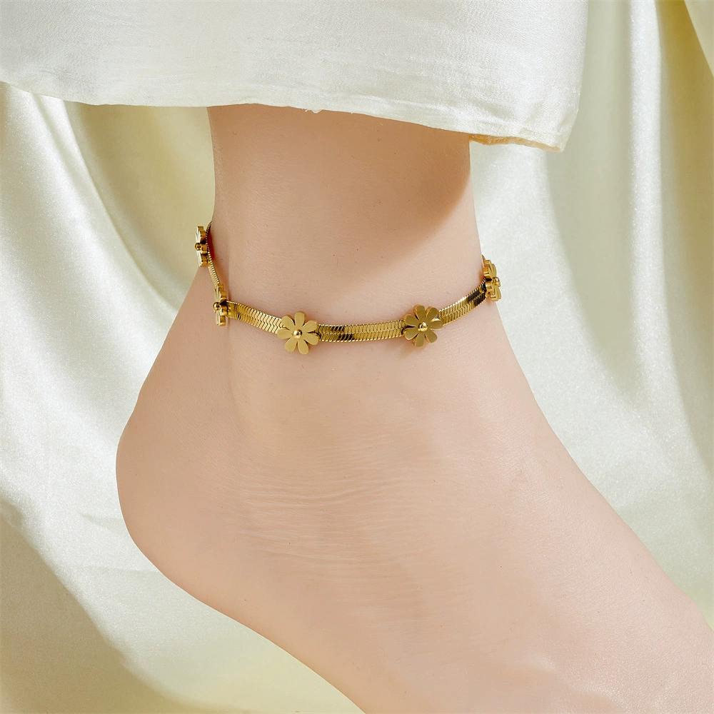 Ankle bracelet, chain, golden fashionable sexy accessory stainless steel, simple and elegant design, light luxury style, internet celebrity, 750 sample gold