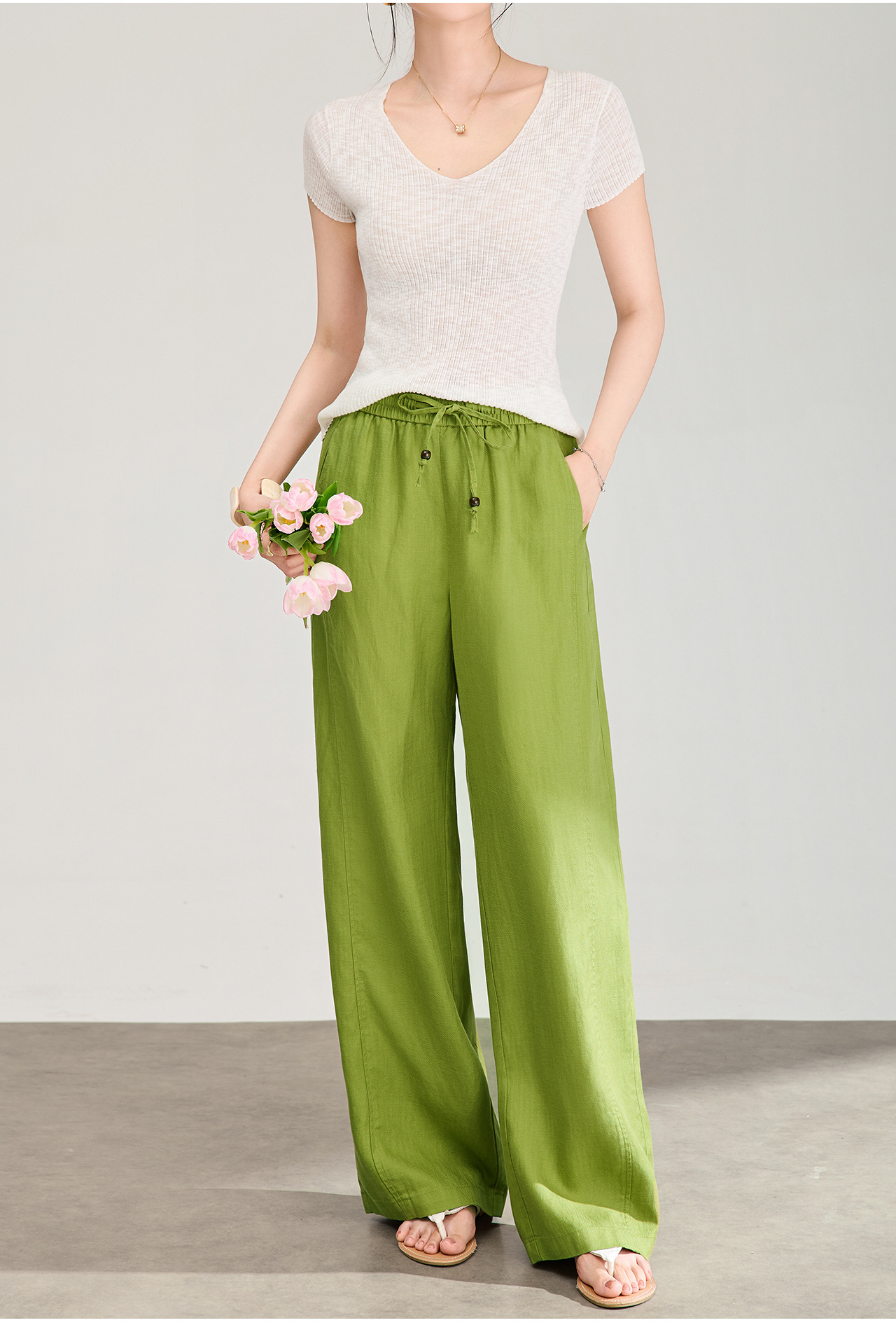 Quần culottes nữ ống rộng chất liệu linen phối lụa, cạp chun rút dây, dáng suông mềm mại — màu xanh táo chi tiết 2