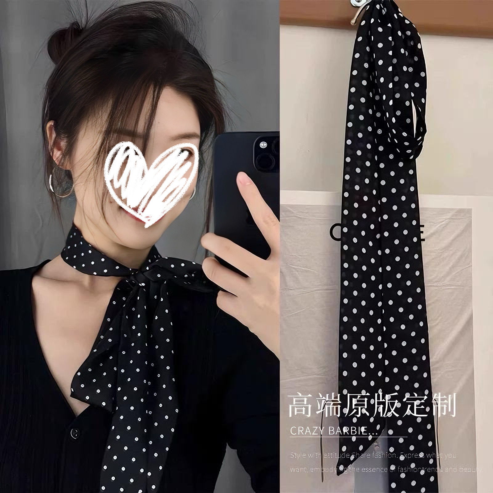 블랙 폴로 도트 스카프 라이트 럭셔리 하이 엔드 작은 스퀘어 스카프 여성 목 헤어 밴드 여름 새로운 올 매치 패션 매칭 셔츠
