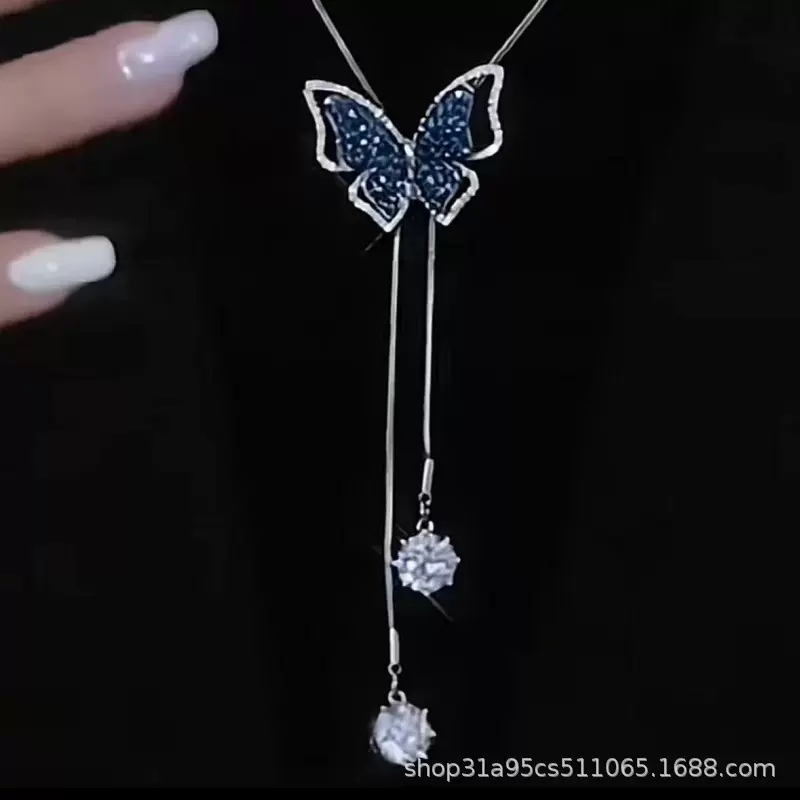 钛钢项链 蓝色蝴蝶项链女秋冬新款潮高级感可抽拉长款流苏毛衣链