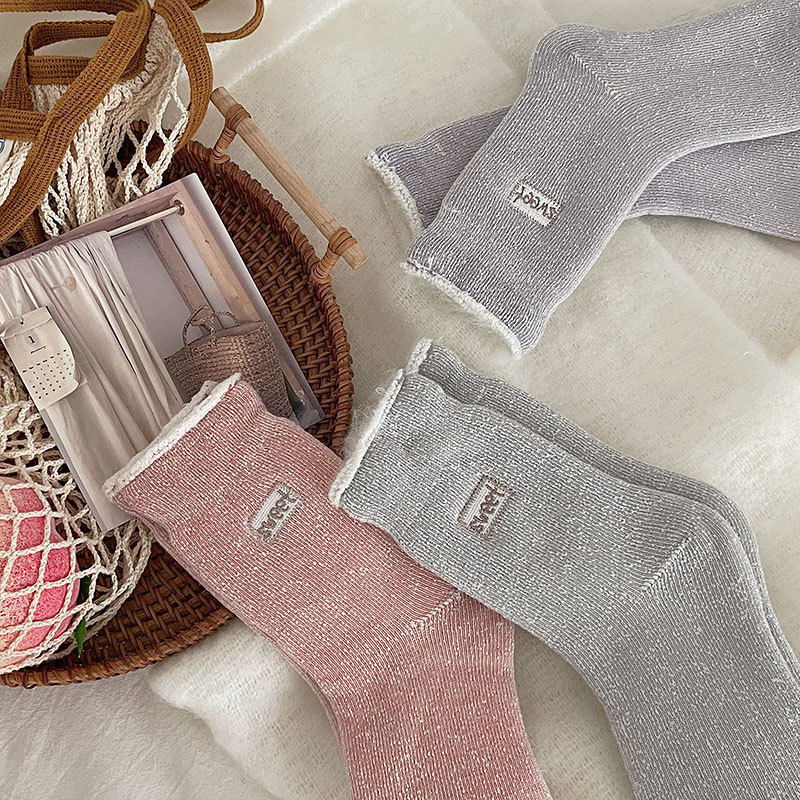 Kışın sıcak çoraplar işlemeli çoraplar artı kadife kalın taban çorapları düz renk fırçalanmış çoraplar kışlık kalınlaştırılmış kadın çorapları_voghion.com