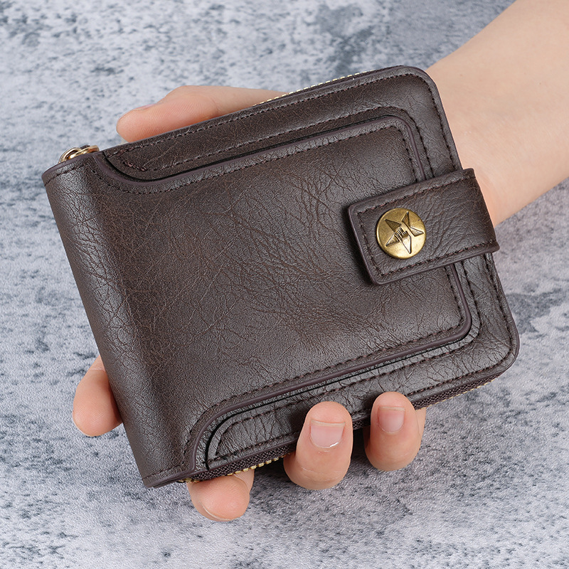 Cross-border New 2024 Retro Men's Short Wallet Horizontal Zipper Multifunctional Card Bag Three-fold Buckle Coin Purse