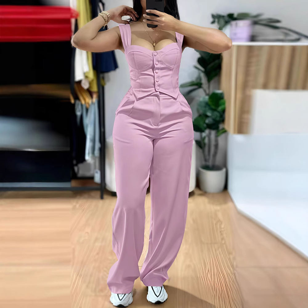 Nuovo completo da donna color albicocca composto da canotta e pantaloni a gamba larga a vita alta, outfit casual e aderente per l'autunno._voghion.com