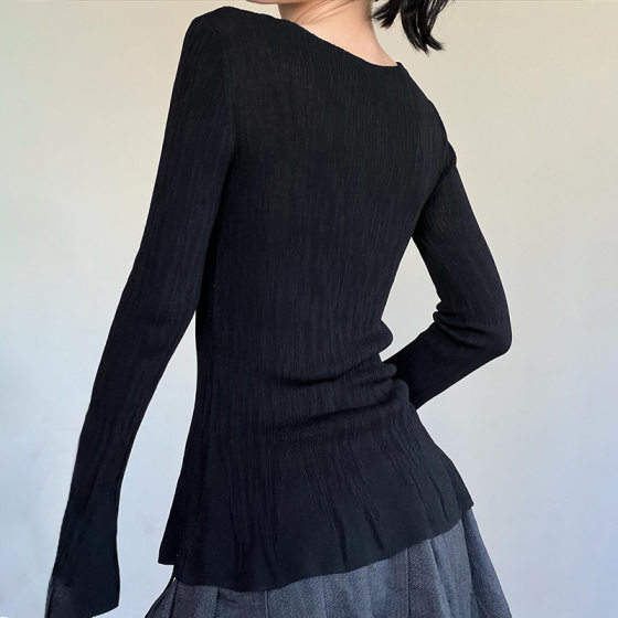 Niche design texture wrinkle skirt flared sleeve T-shirt solid color slim knit basic top for women