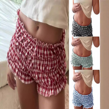跨境女式短裤 欧美休闲格子短裤 时尚荷叶边性感低腰短裤超短