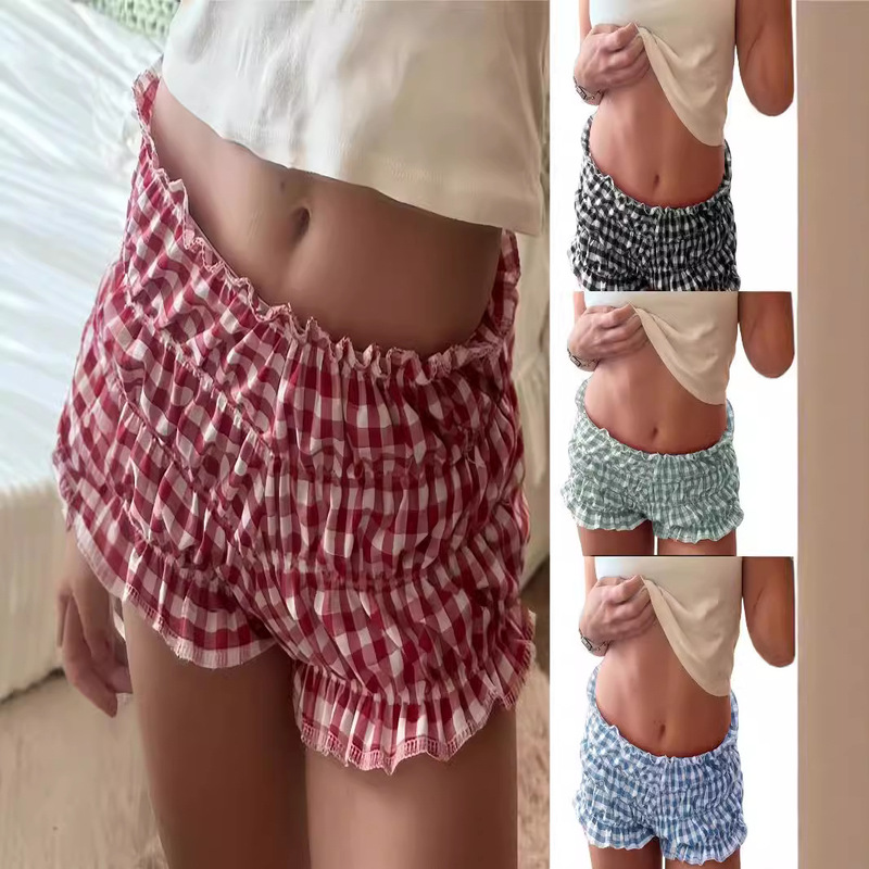 Cross-border Women's Shorts European and American Casual Plaid Shorts Fashion Ruffled Sexy Low Waist Shorts