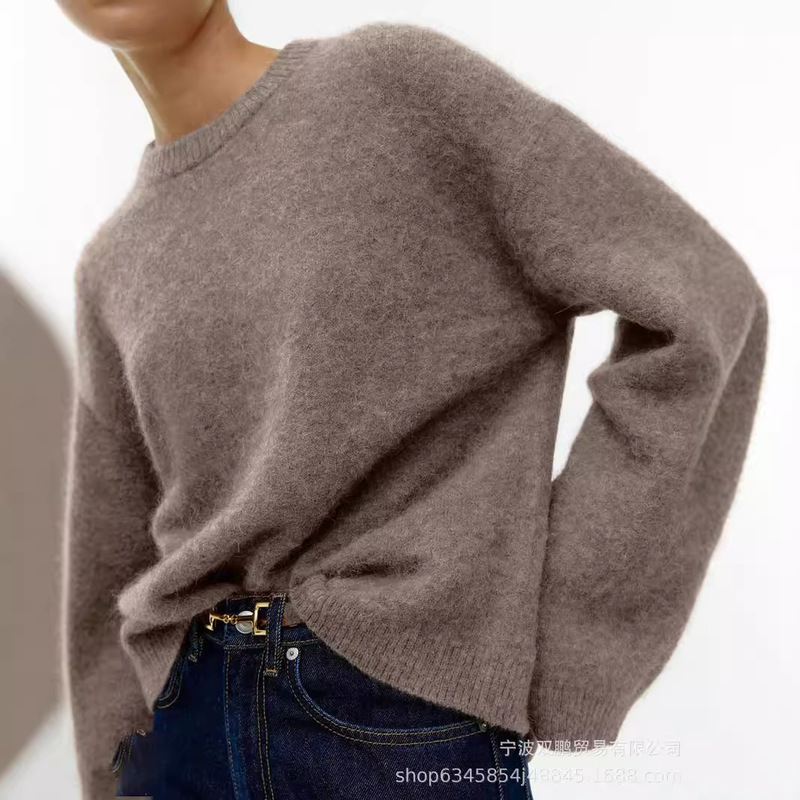 American Style Lazy Soft Waxy Style Gray Pullover Knitwear for Women 2025 Autumn and Winter Loose Thickeneded Sheep Velvet Round Neck Knitwear