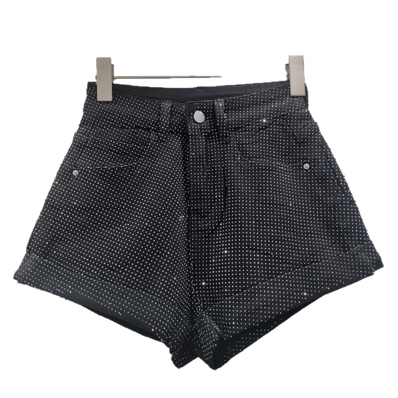 Pantalones Cortos Jeans con Pedrería para Mujer de Poliéster, Cintura Alta, Estilo Ultra Corto