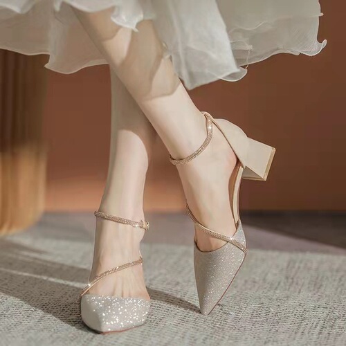 Thick-heeled high-heeled shoes for women  new spring and autumn pointed toe buckle with rhinestones and skirt mid-heeled shoes wholesale