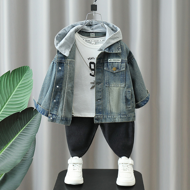 5770 Chaqueta de mezclilla para niños 2025 otoño nuevo estilo de los niños etiquetado chaqueta de mezclilla con capucha chaqueta de bebé estilo de moda
