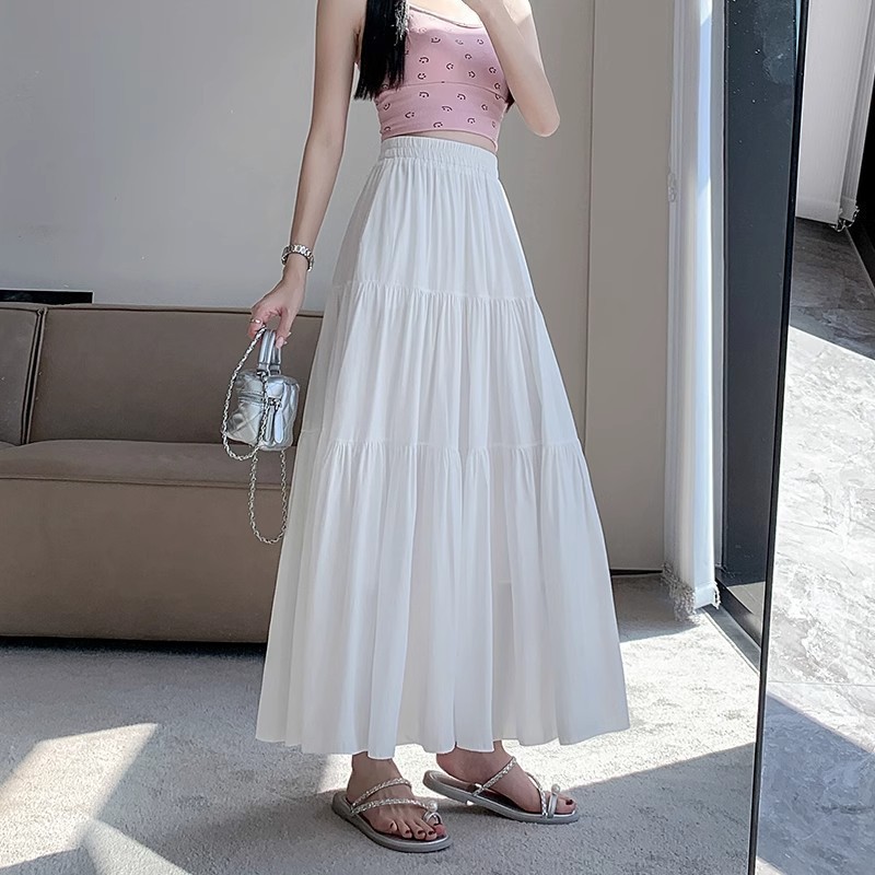 蛋糕裙半身裙女2025新款夏气质高腰显瘦梨形身材a字大摆白色长裙|undefined