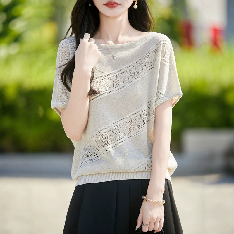 Cross-Border Wholesale Irregular Batwing Sleeve Linen Round Neck Short-Sleeve Knit Top for Women, Summer Plus Size, Tummy-Concealing and Slimming Effect