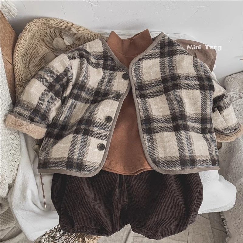어린이 모직 격자 자켓 한국식 가을과 겨울 새 소년들과 소녀 자켓 유행 느슨한  면화 패딩 옷