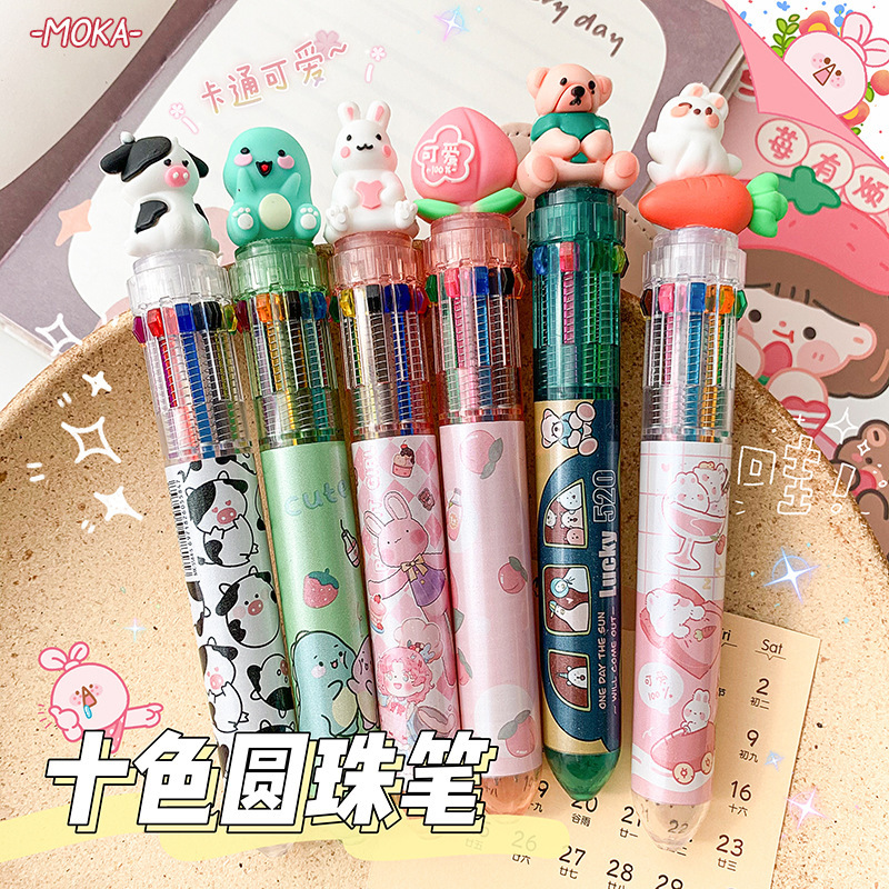 Ten-color multi-color ballpoint pens creative cartoon shape pressure-spring office supplies pen for primary school students small prizes wholesale