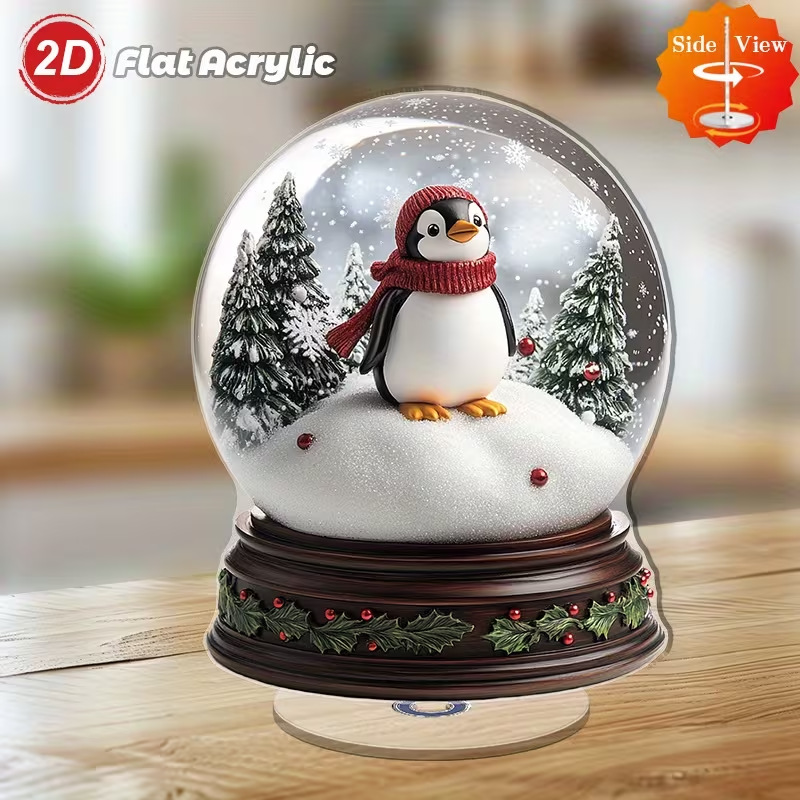 Impresión plana transfronteriza 2D plana 360 giratoria vista de nieve pingüino cabina accesorios de escritorio festivales interiores al aire libre