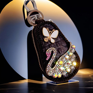 High-grade diamond-embedded Little Swan leather key case female Creative cowhide key bag pendant key chain creative cross-border