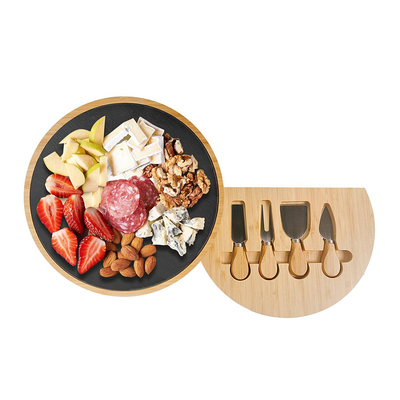 Tablero de queso de bambú multifuncional con cuchillo y tenedor tablero de corte para fiesta doméstica refrigerio de frutas jamón bandeja de bambú