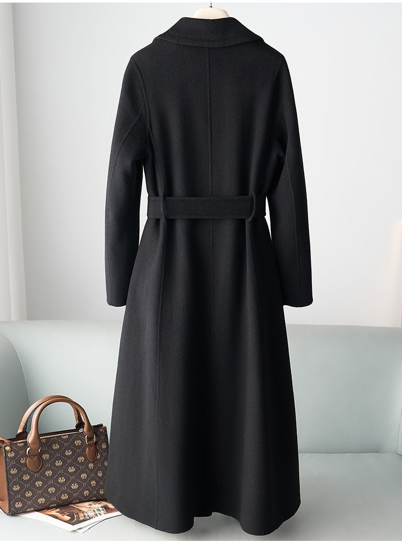 ​Women's Double-Faced Wool Coat With 30% Cashmere, Belted Trench Style, Elegant Long Coat For Autumn Winter, Pure Color, Office & Casual Wear​_voghion.com