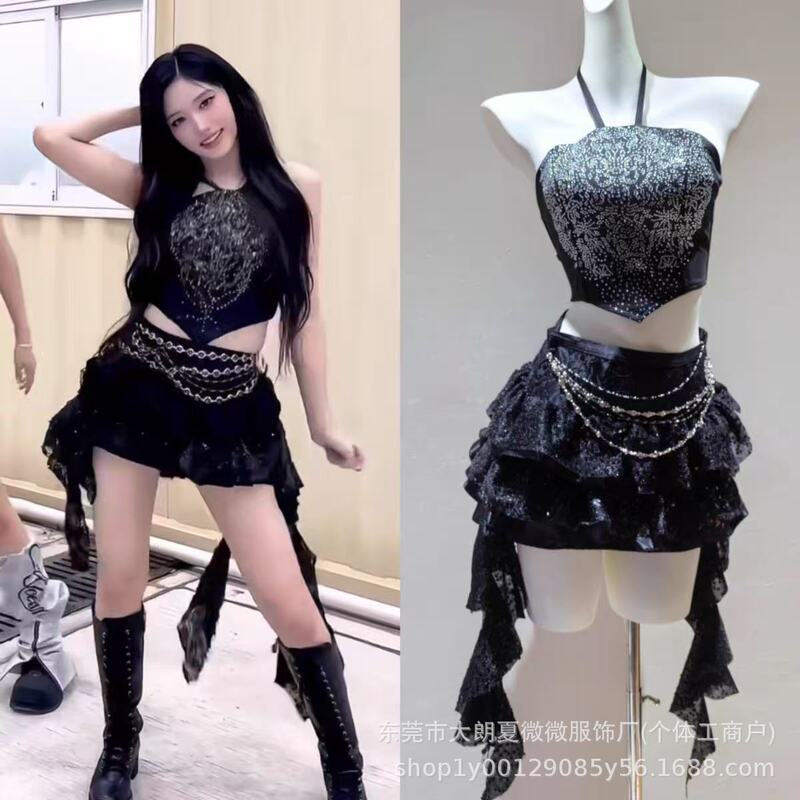 New Model of Idol Li Rui's Same Style Black Rhinestone Stage Performance Outfit Kpop Stage Performance Outfit Jazz Dance Performance Outfit Set