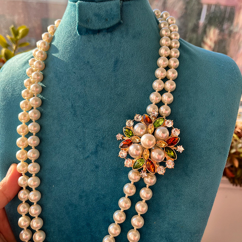 vintage full diamond fireworks brooch mid-ancient sweater chain Pearl double-layer floral necklace Qingdao Foreign trade vintage