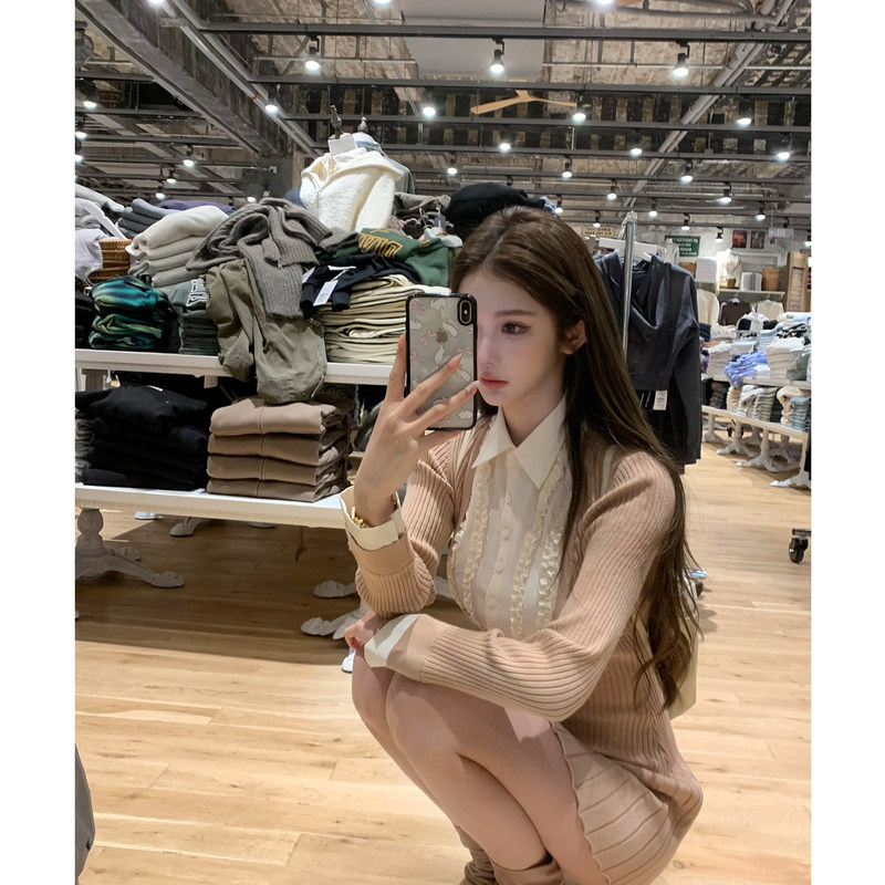 JMSHOP New York Art College Knitted Dress for Women, Inner Layer Dress, Faux Two-Piece, Spliced Shirt Collar Skirt, Pleated Skirt