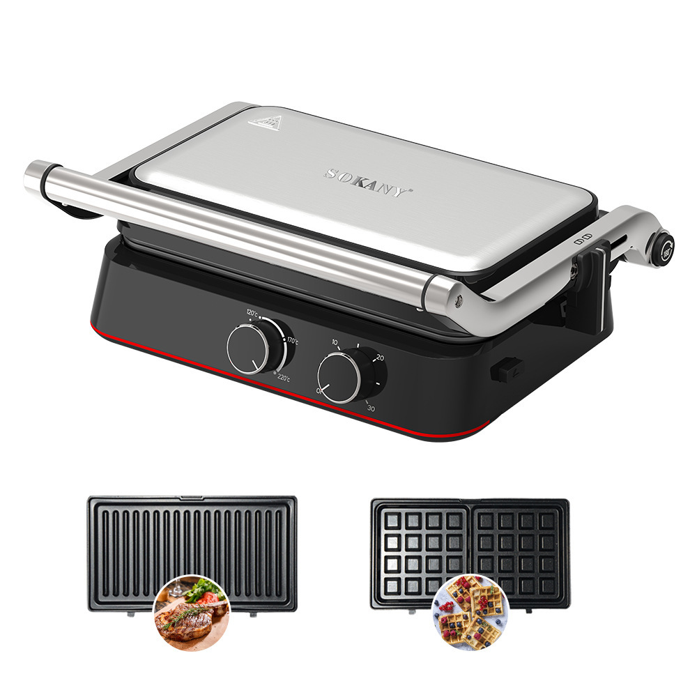Foreign Trade 08145 Grill with Interchangeable Plates 2-in-1 Waffle Maker Sandwich Toaster Grill Maker Sokany