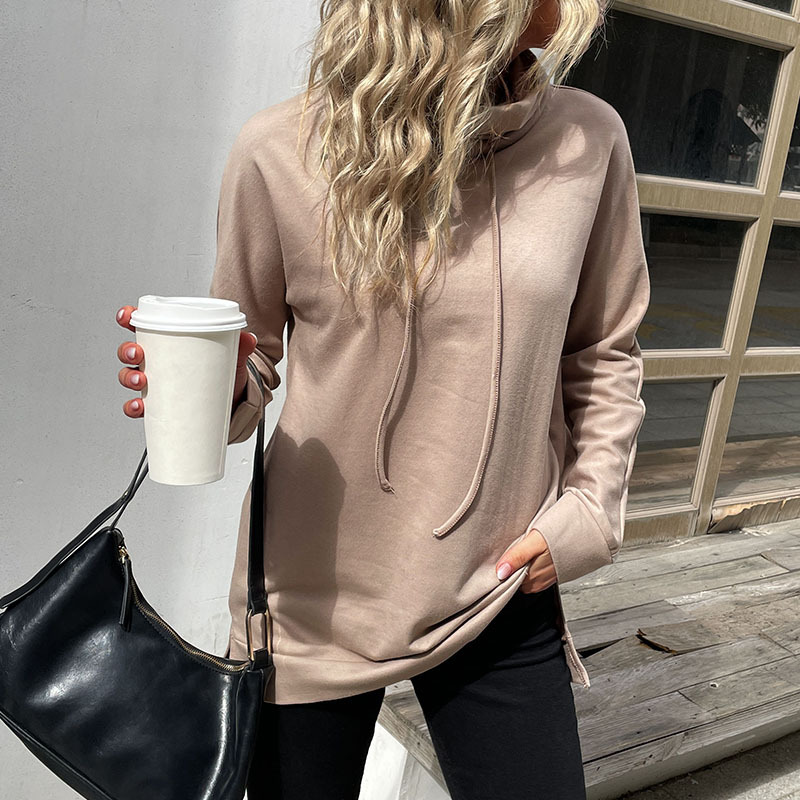 Düz Renk Yığın Yaka Orta Boy Spor Kazak Sweatshirt_voghion.com