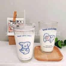 日系可爱卡通玻璃杯韩系小清新带盖吸管水杯牛奶杯果汁网红少女杯