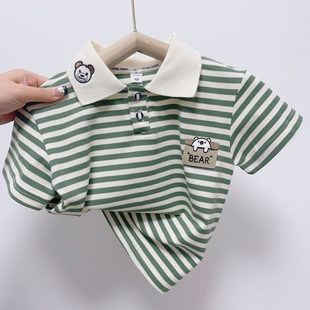 Summer Kidsren's Clothing New Short-Sleeved Polo Shirt Kidsren's Cute Lapel T-Shirt Baby Casual Stripesd Embroidered Top t