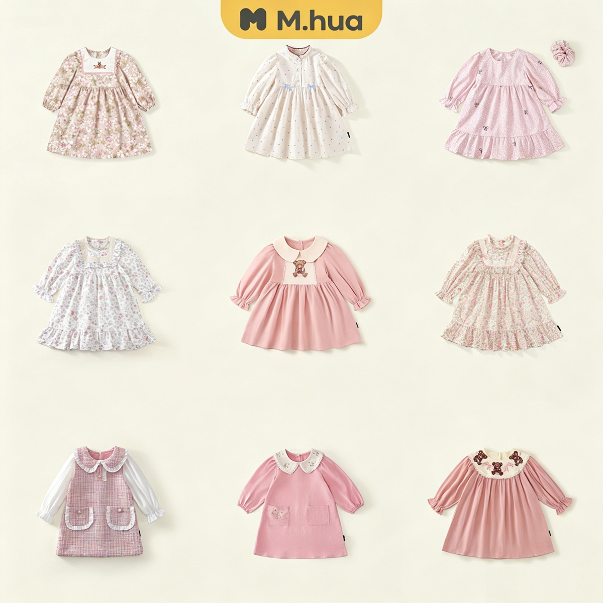 Vestido de manga larga con bordado de oso para niña, estilo dulce para bebé, otoño 2025, vestido de princesa rosa con mangas abullonadas