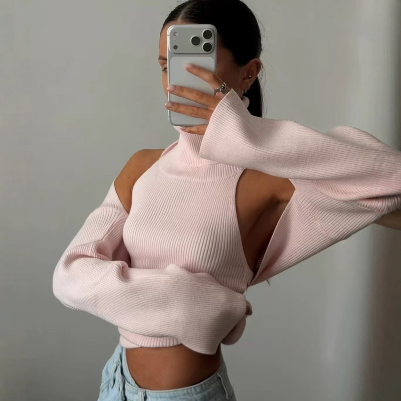 Cross-Border Y2K Off-Shoulder Two-Piece Knitted Set for Women, High-Neck Short Vest Paired with Long-Sleeve Cover-Up Street Style Top Cross-Border Y2K Off-Shoulder Two-Piece Knitted Set for Women, High-Neck Short Vest Paired with Long-Sleeve Cover-Up Street Style Top