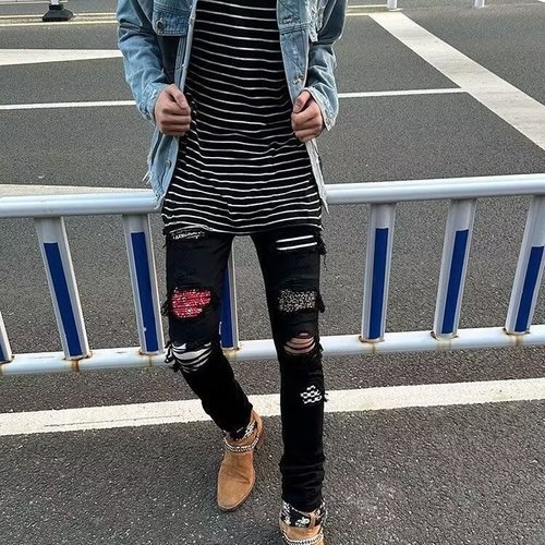 Multi-Element Spliced Hole Patched Stretchy Slim-Fit American-style High-Street Denim Pants for Men and Women