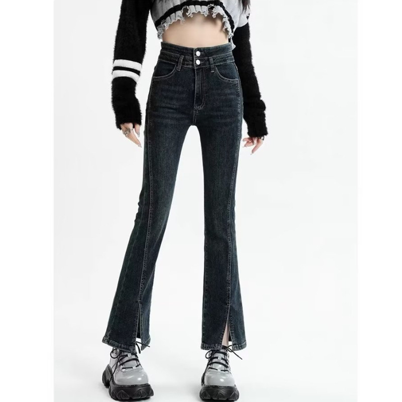 Split micro-blare jeans women's straight autumn and winter small slim 2023 new high waist elastic horn pants