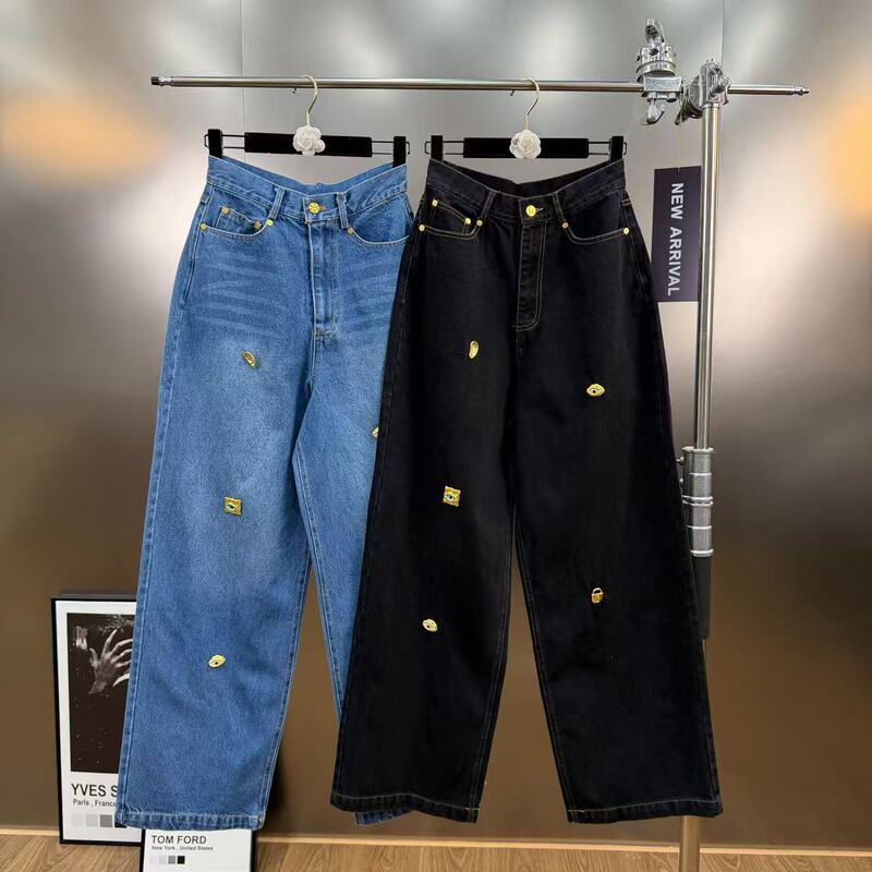 Spring Metal Buckle Decorated Mid-Waist Wide-Leg Jeans Washed Straight Long Pants Casual Versatile Cross-Border