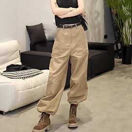 卡其色美式廓形设计直筒工装裤女2025秋季新款宽松显直筒休闲裤