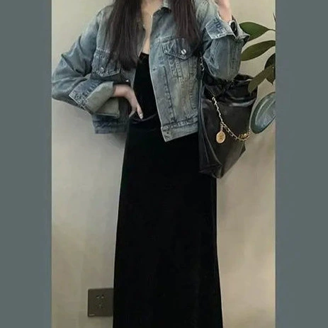 Retro denim autumn design short jacket, 2025 years, oversize