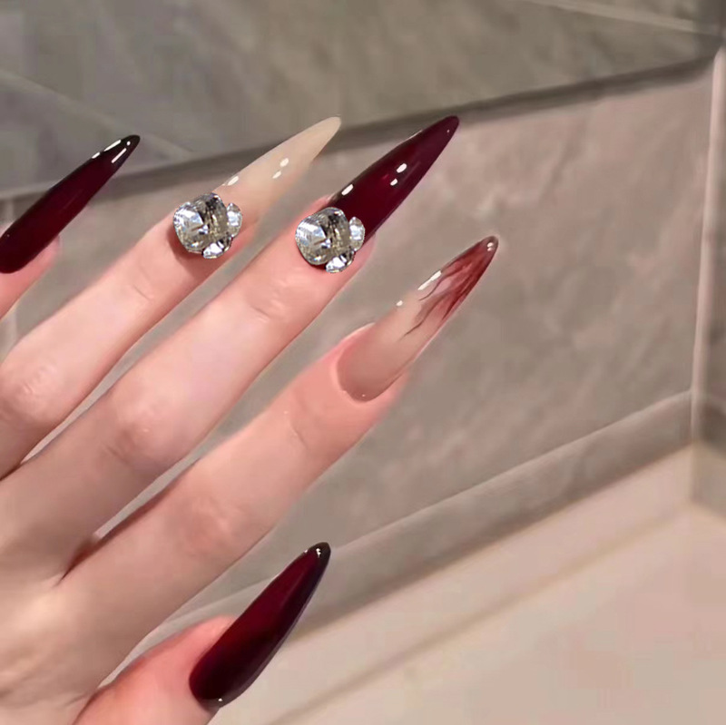 Z-41 Wine Red Flame False Nail Long Tip wine red Advanced Sense Pure Temperament 24 Pieces Wearing Nail Pieces Wholesale