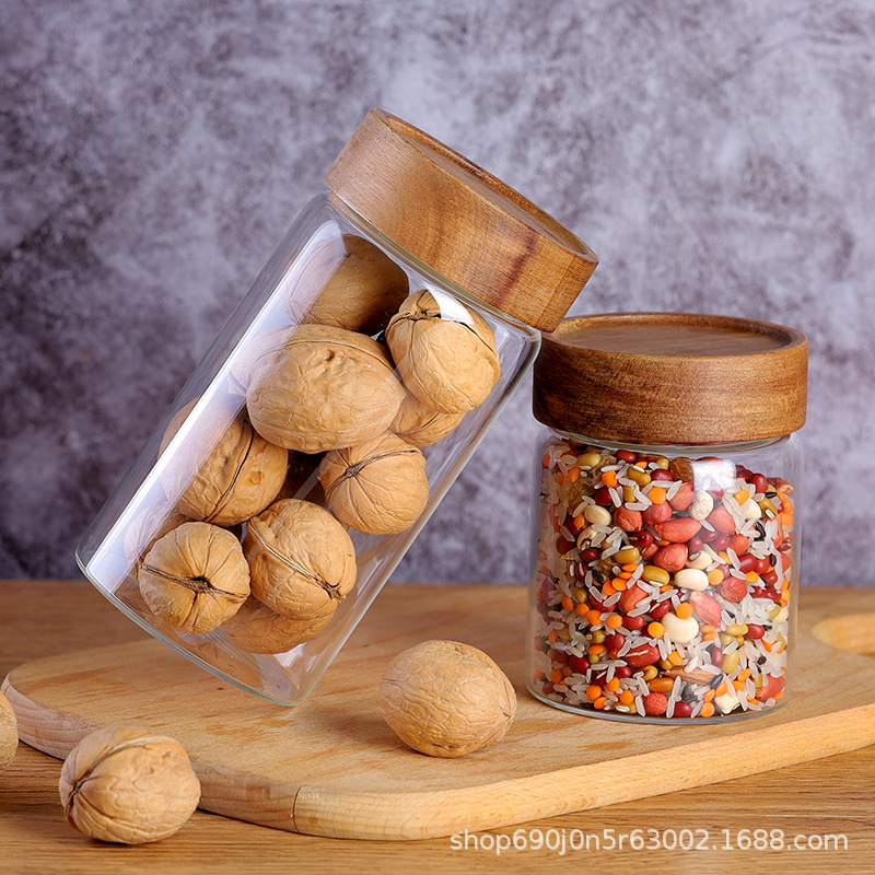 玻璃螺纹口储物罐糖果密封收纳罐高硼硅食品杂粮竹盖家用茶叶罐