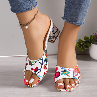 European and American style 2024 new fashion round toe high heel fashion women's shoes casual women's Roman graffiti sandals