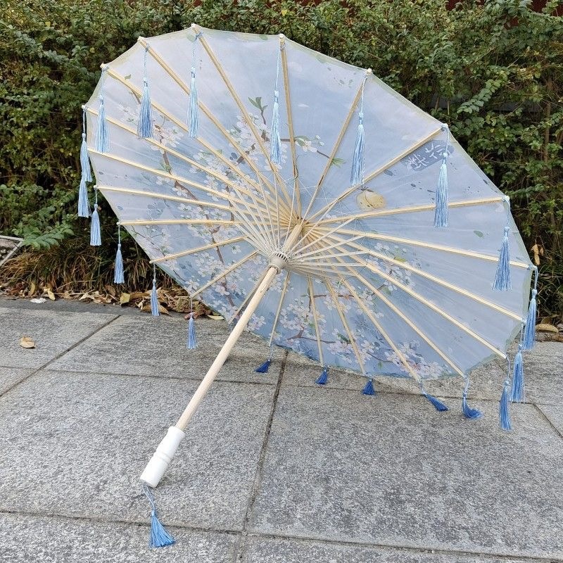Hanfu Traditional Costume Tassel Oil Paper Umbrella for Women, Ancient Style Dance Performance, Chinese Style Cheongsam Runway Show Decoration, Ceiling Props Umbrella