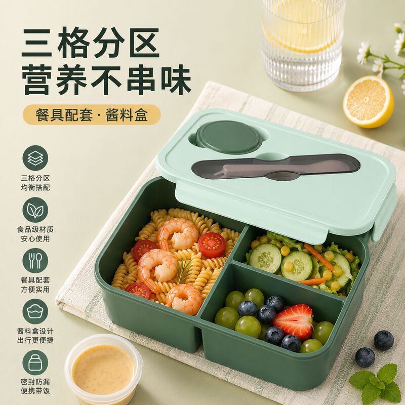 Plastic Sealed Lunch Box with Three Compartments, Including Spoon and Fork, Microwaveable, Food-Grade Safe, Microwaveable Heating